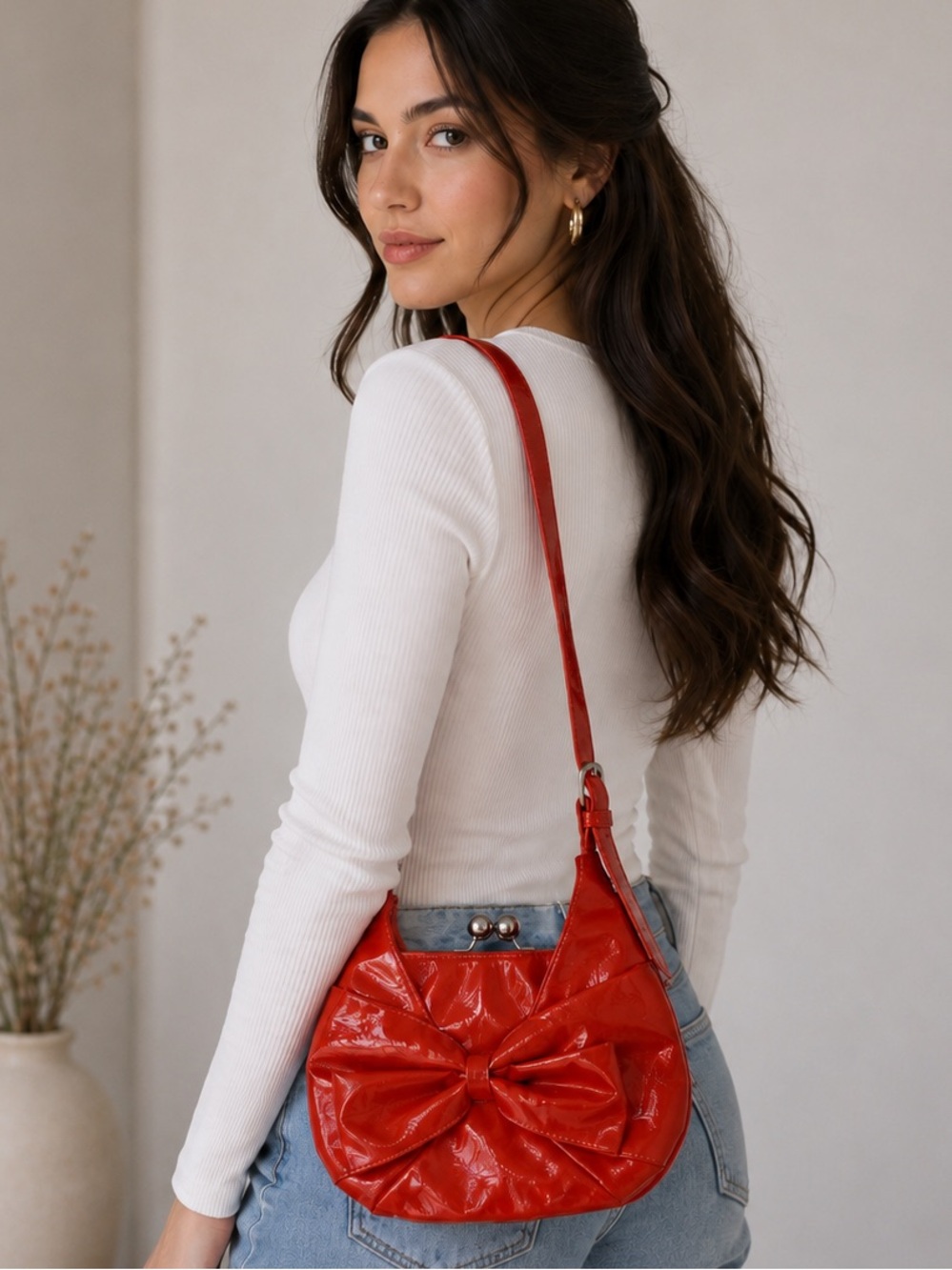 Women’s Red Orange Glossy Bow Handbag Kiss Lock Crossbody Shoulder Bag